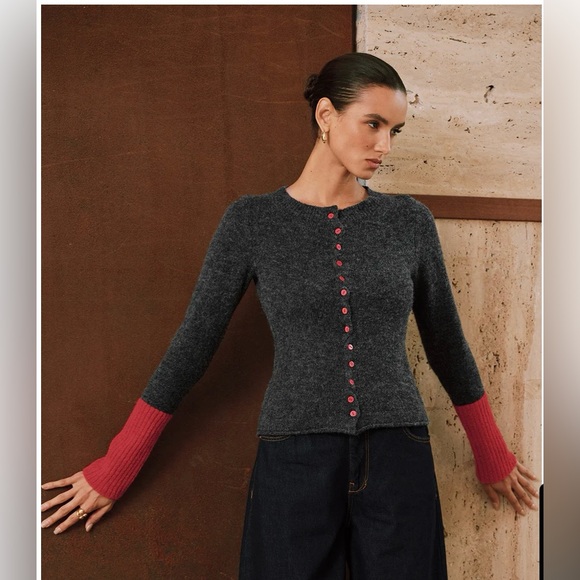 Contrast Cuff Wool-Blend Cardigan - Picture 4 of 7